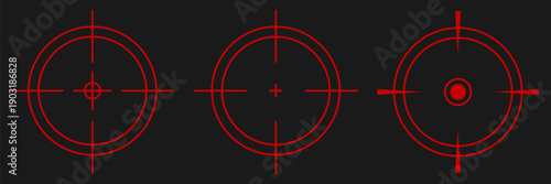 Futuristic red target reticle symbols collection. Crosshair icons for combat games, sniper scope UI, digital aiming systems, military HUD elements, and sci fi navigation displays.