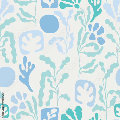 Abstract Sea Flora Seamless Pattern in Pastel Blue and Mint