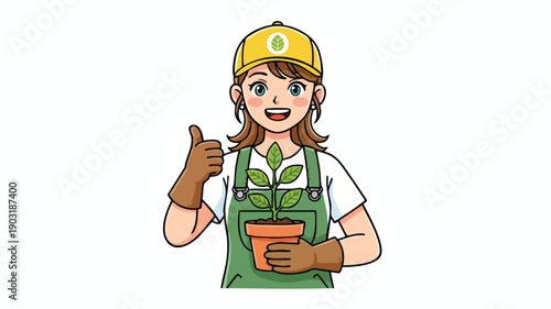 Happy Gardener Woman Holding Potted Plant Giving Thumbs Up.