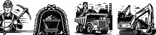 Coal mining industry vector set with miner holding pickaxe, mine tunnel entrance, heavy dump truck and excavator machine, black and white illustration
