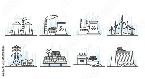 Collection of energy production facilities illustrations.