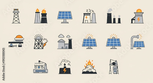 Collection of energy industry icons representing different power sources.