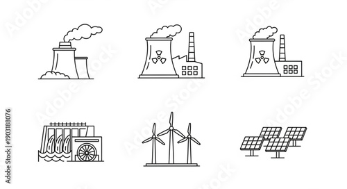 Collection of energy production icons including factories and renewable sources.