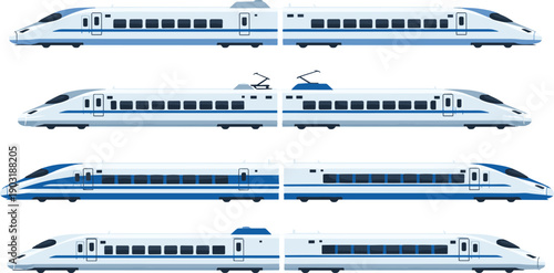 High speed bullet train vector set, modern electric railway locomotive and passenger carriage side view, public transport vehicle collection isolated on white