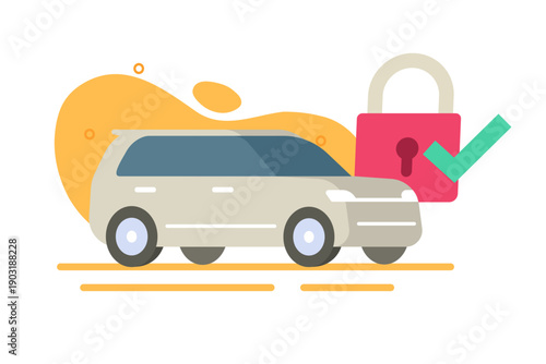 Car security lock check mark icon vector modern graphic illustration design, vehicle secure safety protection alarm system, automotive auto antitheft guard insurance, transport defense control
