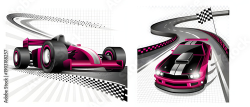 A pink race car speeding around a track with a checkered flag waving in the air