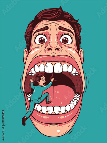 Man trapped inside giant open mouth screaming.