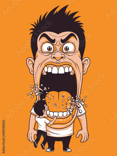 Man with giant open mouth about to eat small person.