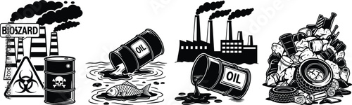 Industrial pollution set, biohazard factory smoke, oil spill killing fish, toxic waste barrel, garbage pile, black and white vector illustration, environmental disaster.