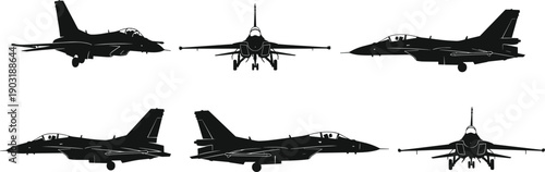 Jet fighter silhouette collection, military aircraft vector set, air force combat plane, f-16 warplane, supersonic aviation, black flight icon, isolated white background.