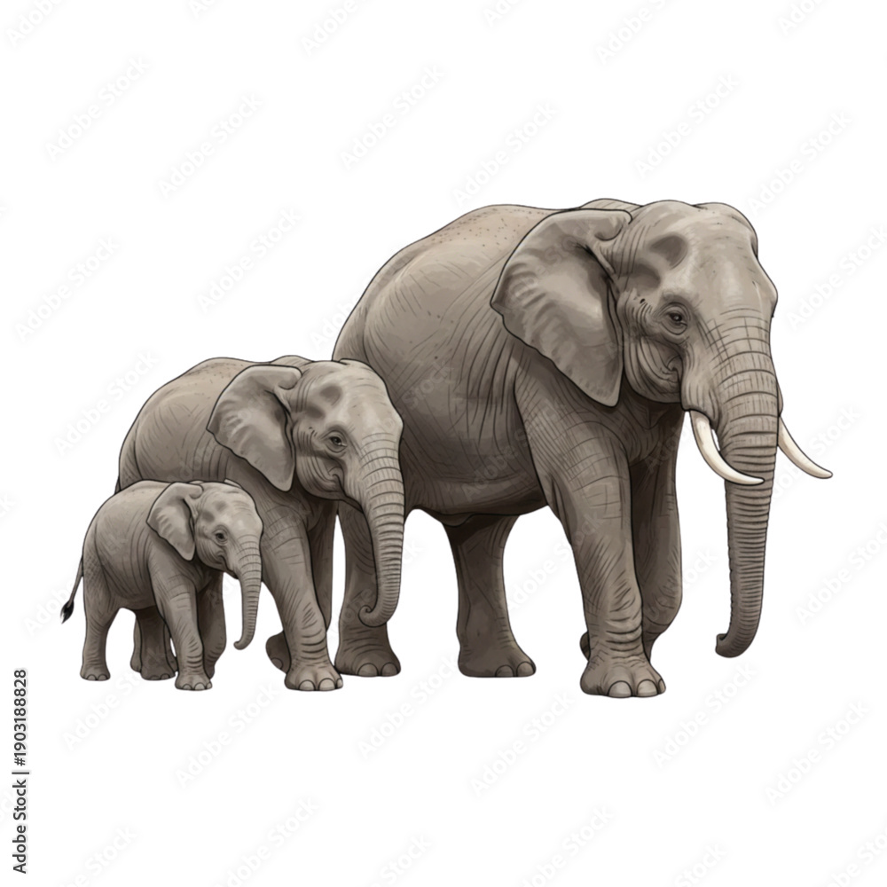 Fototapeta premium Elephant family walking together realistic wildlife animal vector illustration isolated on white background