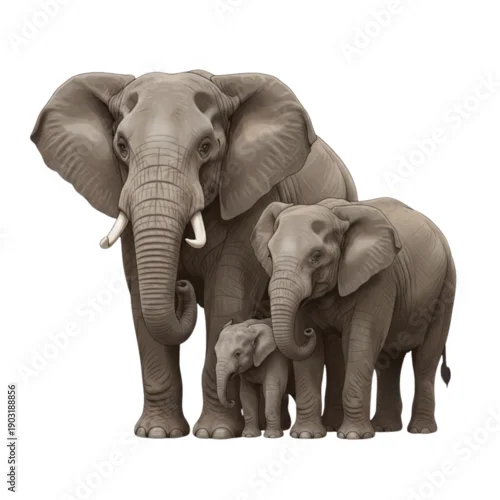 Fototapeta samoprzylepna Elephant family with mother father and baby realistic wildlife vector illustration isolated on white background