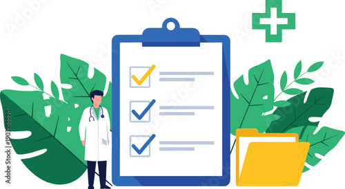 Medical checkup concept with doctor character, clipboard checklist and folder, healthcare insurance vector illustration isolated on white background, hospital exam, document.