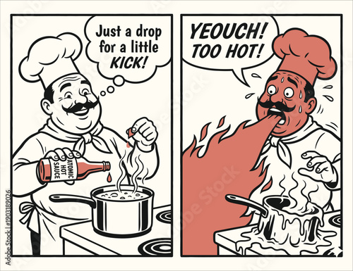 Retro Cartoon Chef Suffering Extreme Hot Sauce Heat - Vintage Style Comic