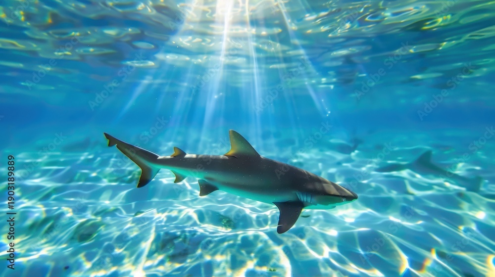 Obraz premium Majestic Shark Swimming Gracefully Underwater in Clear Ocean Waters with Sunlight Streaming Through Surface