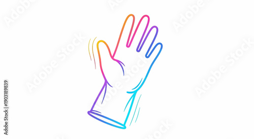 Vibrant spectrum hand glove waving gesture icon in abstract line art style on white background