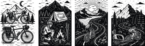 Set of bikepacking illustrations, bicycle touring with tent and campfire, mountain cycling adventure, road trip vector icons, black and white linocut style.
