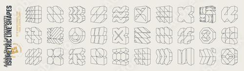 Isometric line brutal 3D shapes, Postmodern abstract geometric graphic frame elements, Trendy cyber design symbols in futuristic aesthetics, Brutalism volumetric carcass various form, vector set 4