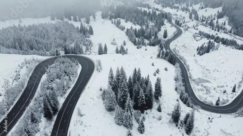 Aerial view of the Mestecanis pass in Suceava county - Romania in winter