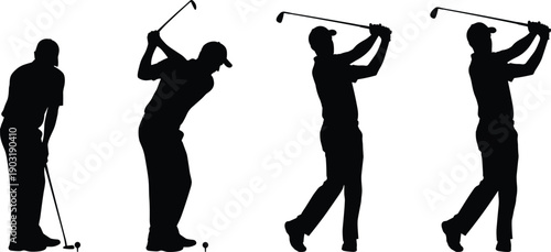 Set of black golfer silhouettes showing different stages of a golf swing, vector illustration isolated on white background, sport action design elements.