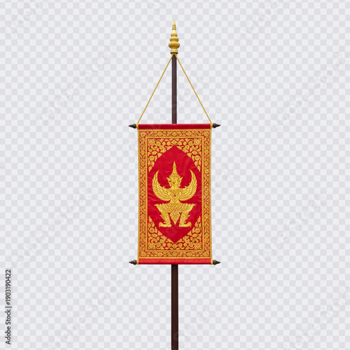 A traditional Thai ceremonial banner featuring the red Garuda, the national and royal emblem, set against a red and gold patterned background.