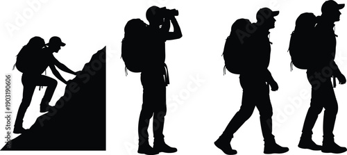 Set of black silhouettes of hiker with backpack climbing mountain, looking through binoculars and walking, vector illustration isolated on white background art.