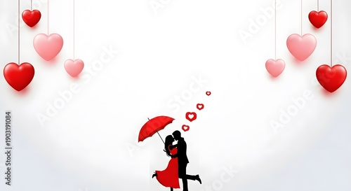 High resolution photo of couple silhouette kissing with umbrella, representing romantic love, protection, and holiday use