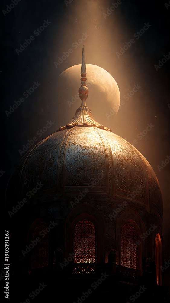 Fototapeta premium A serene mosque dome glows softly under the gentle light of the full moon shining brightly in the night sky with hyper realistic details.