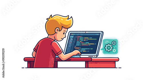 Young boy engrossed in coding on a laptop computer screen.