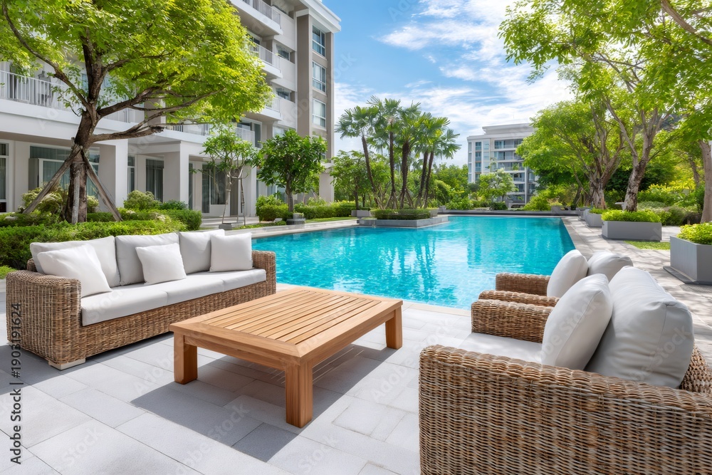 Obraz premium Resort swimming pool with outdoor patio furniture and trees