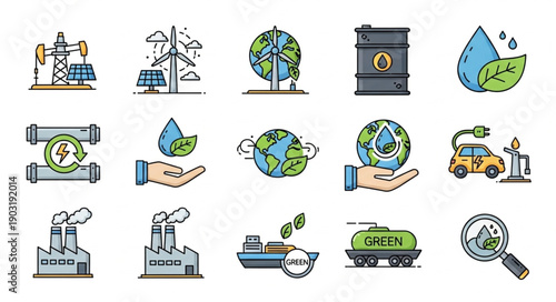 Collection of environmental and energy industry icons.