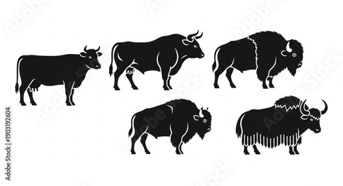 Collection of farm and wild bovine animals silhouettes.