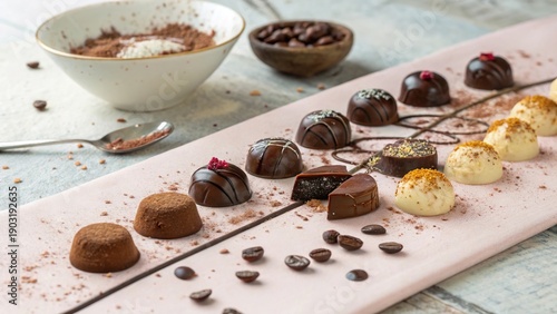 Delicious chocolate truffles arranged on a pastel surface with cocoa and coffee beans nearby