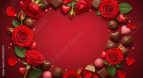High resolution photo of red roses and chocolate truffles, representing romantic love, luxury, and Valentine's Day retail