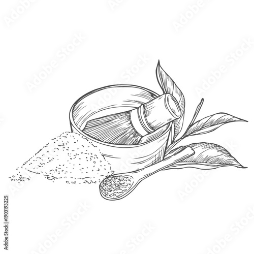 Matcha tea vector sketch drawing. Bowl with matcha powder, and bamboo whisk sketch. Hand-drawn Asian drink elements in a outline style