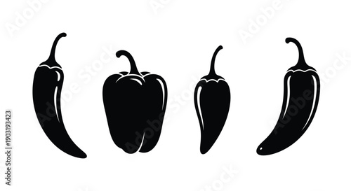 Black silhouette illustration of four different chili pepper varieties