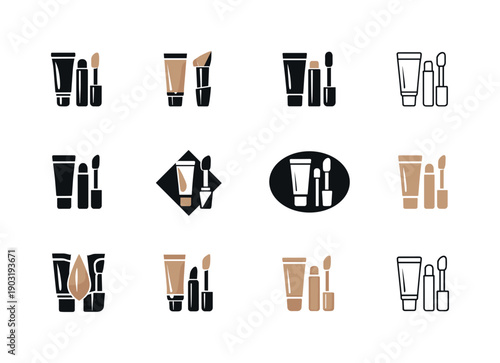 Concealer tubes and applicators. Icon set. Set Logo of Concealer tubes and applicators: cosmetic packaging symbol. harmonious logo variations