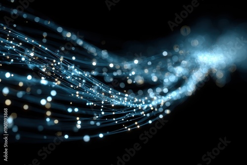 Digital data stream shown as glowing lines and dots on dark background. Ideal for concepts like fiber optics, fast internet, and digital communication.