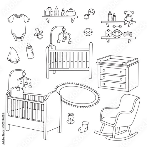 Cute cartoon furniture icons set for home interior rooms including bed sofa chair table and nursery items vector illustration