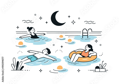 Night swimming experiences. Peaceful pool scene with swimmers floating quietly while soft lights illuminate the water. Relaxed nighttime