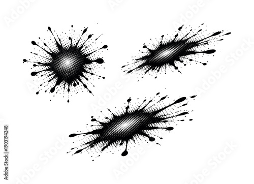 Halftone paint splatter form. A dynamic paint splatter form is presented in three views: frontal flat view, rotated side view, and