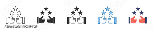 Set of vector icons representing positive feedback, high customer satisfaction, and premium quality service with a thumbs-up gesture and three stars