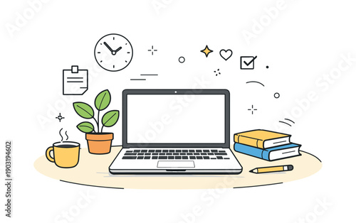 Laptop work in calm interiors. Cozy interior with a laptop on a table, plant leaves and books creating a relaxed working mood. Slow