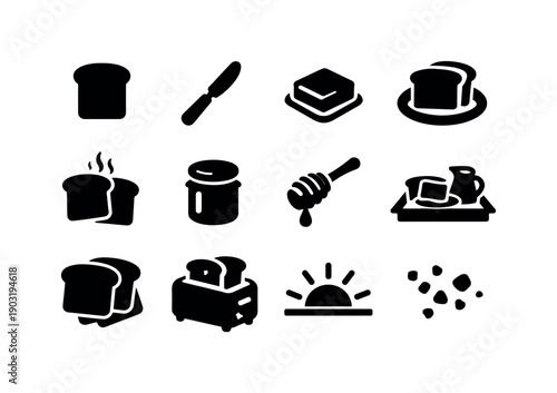 Breakfast Toast. Solid icon set of Breakfast Toast: toast slice, butter knife, butter pat, toast plate, toast steam, jam jar, honey dipper,