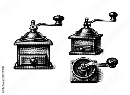 Vintage Coffee Grinder. Vintage Household Objects manual coffee grinder with wooden box metal crank and grinding mechanism shown in front side and