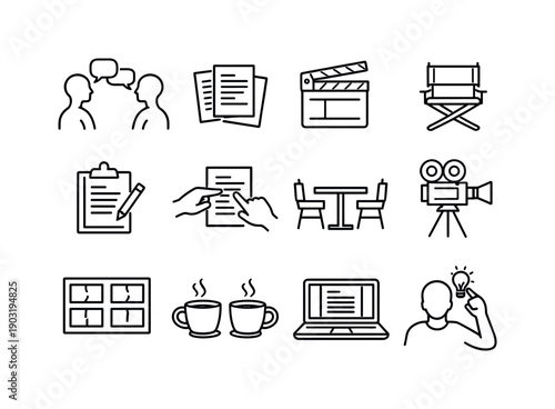Film Production Icons. A film producer and director discussing a movie script. Line icon set of A film producer and director discussing a movie script: two