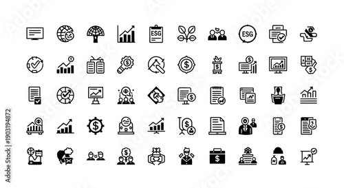 ESG Icons Set: Sustainability, Finance, Business Growth, and Teamwork Concepts