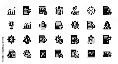 ESG Icons Set: Finance, Business Growth, Sustainability, Strategy, People