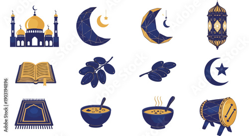 Symboles du Mois Sacré Islamique Bleu et Doré