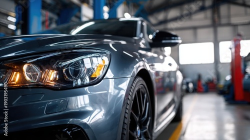 Modern sedan in automotive workshop during service check